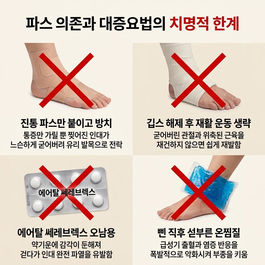 발목 염좌 대증요법 한계 파스 의존 에어탈 쎄레브렉스 소염진통제 오남용 온찜질 부작용