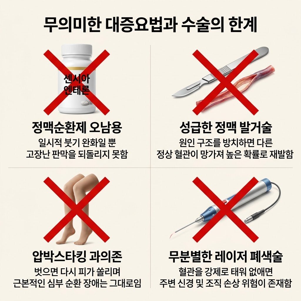 하지정맥류 수술 재발 센시아 엔테론 정맥순환제 대증요법 한계 압박스타킹 레이저 폐색술