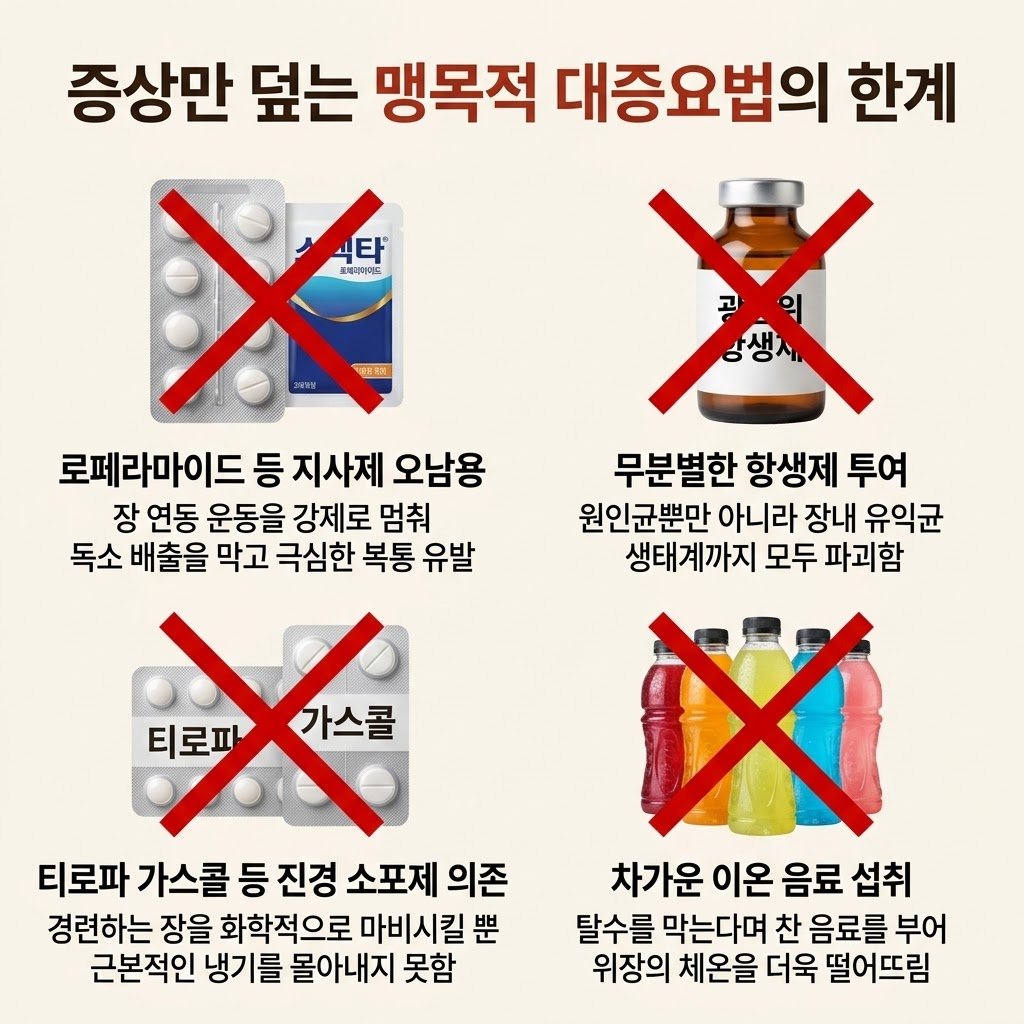 지사제 복통 부작용 스멕타 로페라마이드 항생제 티로파 가스콜 대증요법 한계