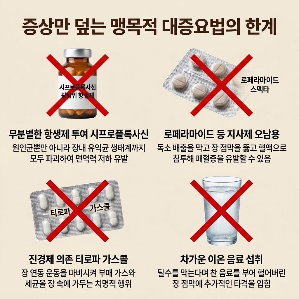 항생제 부작용 시프로플록사신 지사제 로페라마이드 스멕타 진경제 티로파 가스콜 대증요법 한계