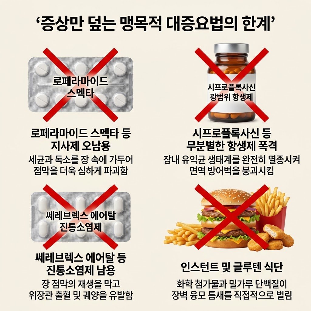 장누수 증후군 원인 시프로플록사신 쎄레브렉스 로페라마이드 스멕타 대증요법 한계