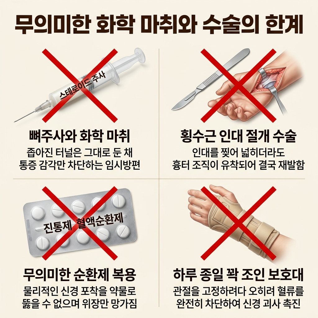 손목터널증후군 스테로이드 주사 부작용 인대 절개 수술 한계 진통제 보호대