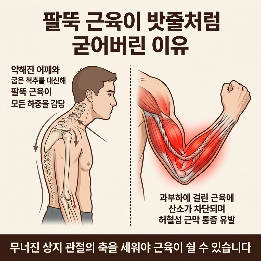 상완요골근 과부하 원인 둥근 어깨 거북목 상지 근막 사슬 붕괴 비교
