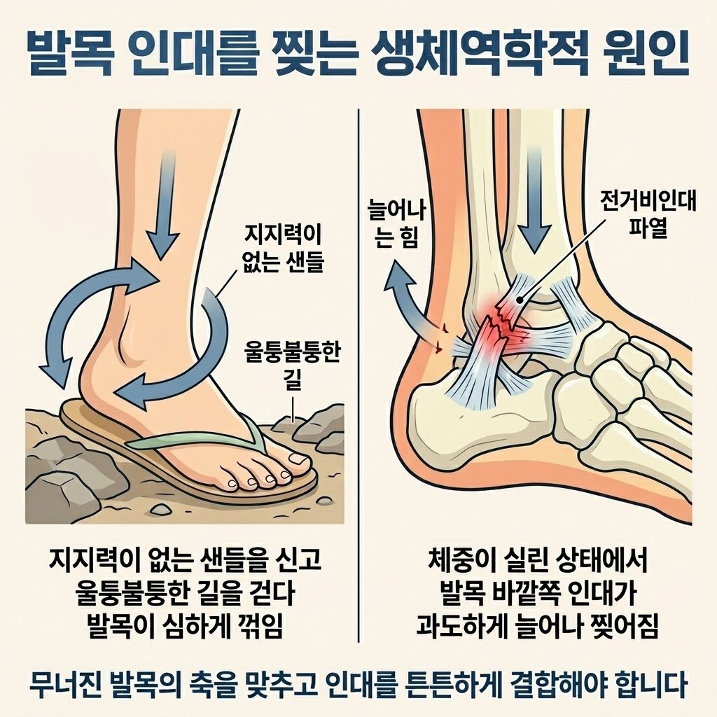 발목 염좌 원인 생체역학적 비틀림 전거비인대 파열 여름 샌들 크록스 위험성