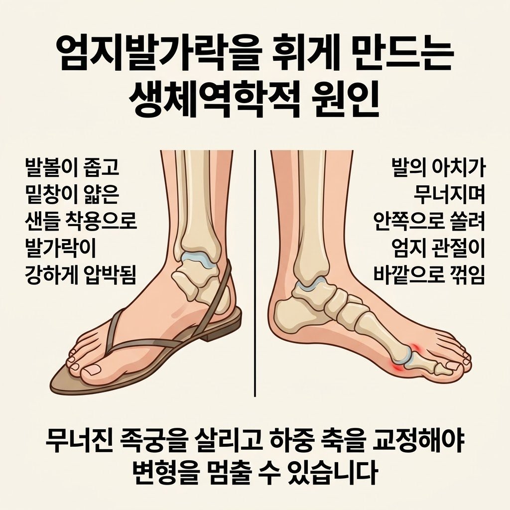 무지외반증 원인 생체역학적 아치 붕괴 여름 샌들 하이힐 평발