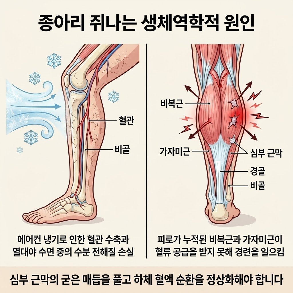 종아리 쥐나는 이유 생체역학적 원인 에어컨 냉기 탈수 비복근 가자미근 단축