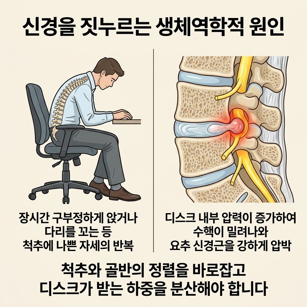허리디스크 원인 생체역학적 불균형 다리 꼬기 요추 압박 신경근 포착