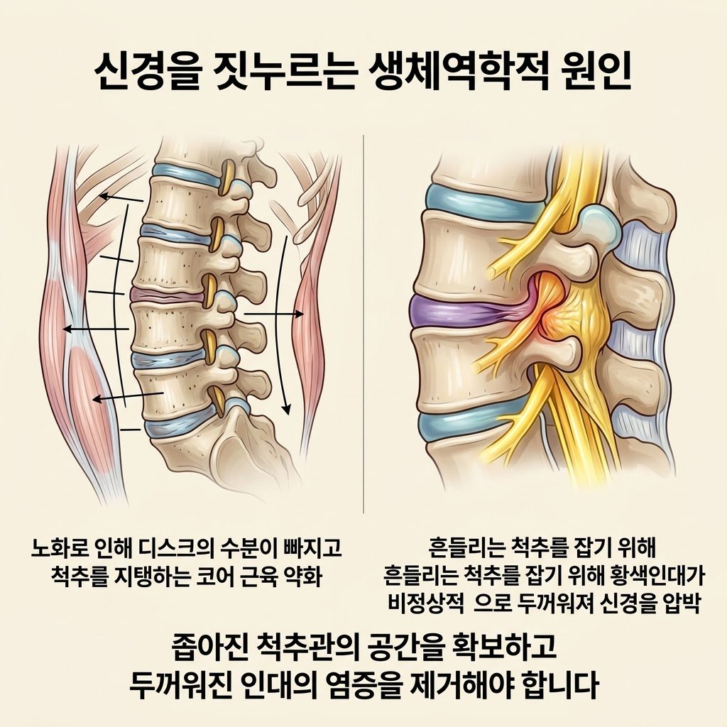 척추관 협착증 원인 생체역학적 불균형 황색인대 비후 신경 통로 압박 신경인성 파행