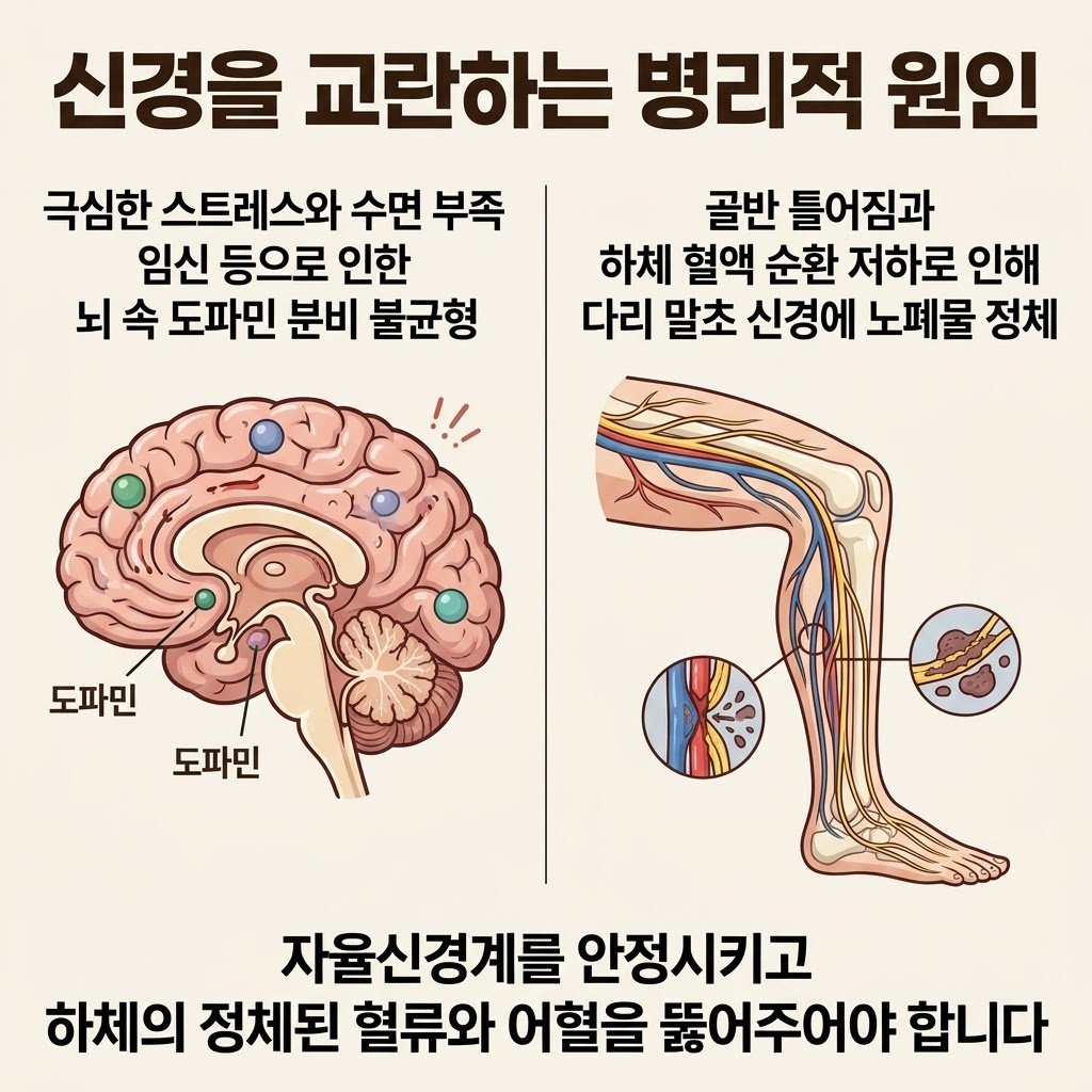 하지불안증후군 원인 철분 결핍 도파민 불균형 말초 순환 장애 어혈