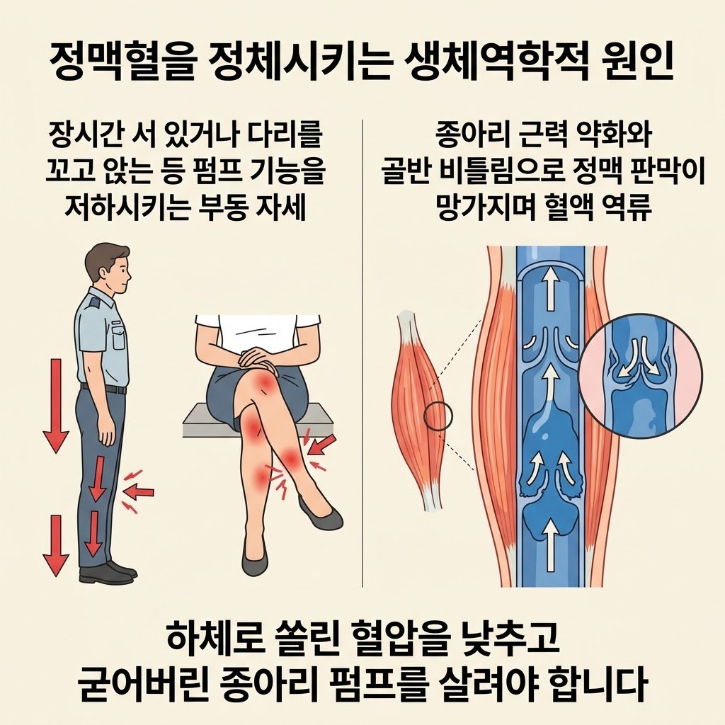 하지정맥류 원인 생체역학적 불균형 종아리 근육 펌프 부전 골반 뒤틀림 하대정맥 압박
