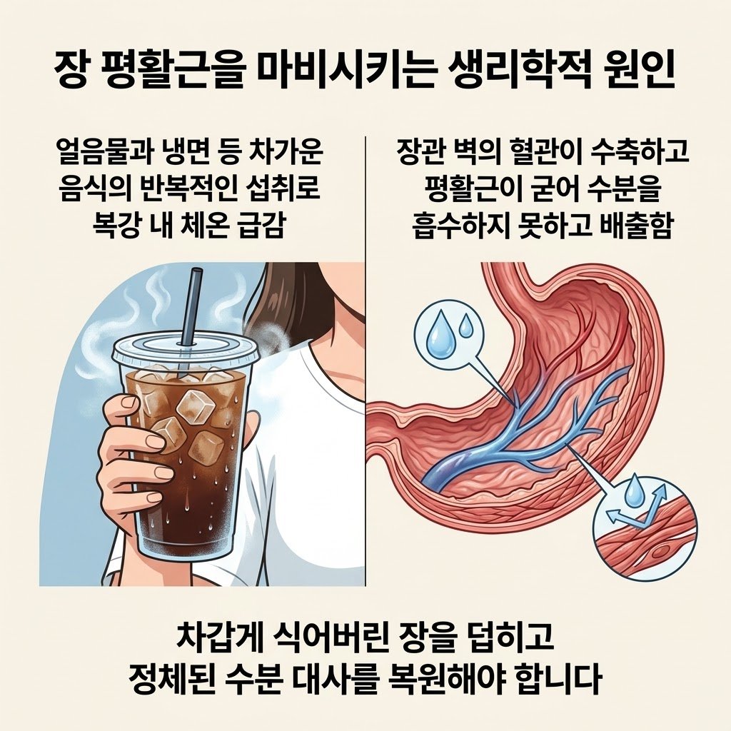장 평활근 마비 원인 심부 체온 저하 얼음물 장관 벽 혈관 수축 생리학적 원인