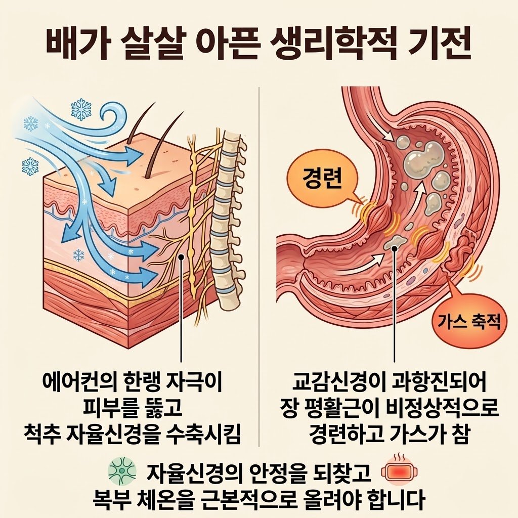 에어컨 배아픔 생리학적 기전 척추 자율신경 교란 교감신경 항진 장 평활근 경련