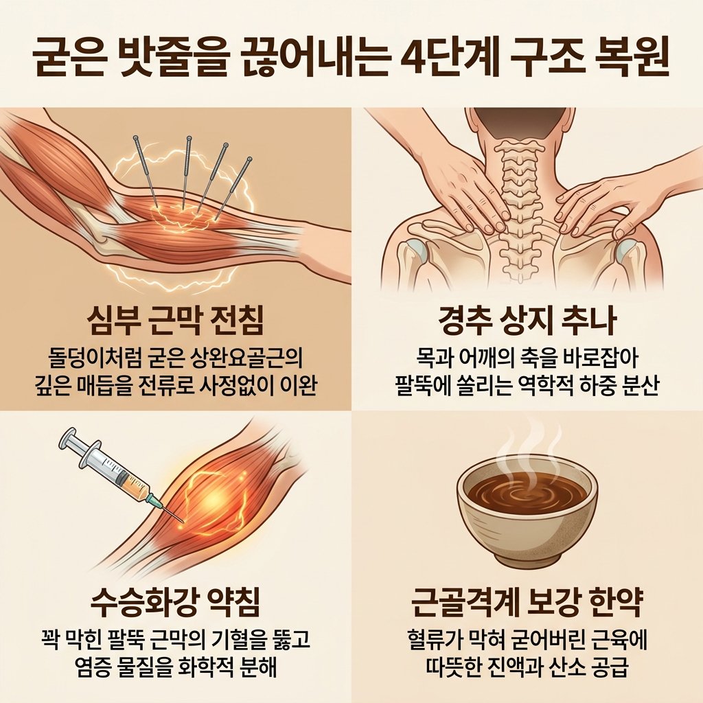 가짜 테니스 엘보 치료 한의원 추나 전침 약침 한약 4단계 솔루션