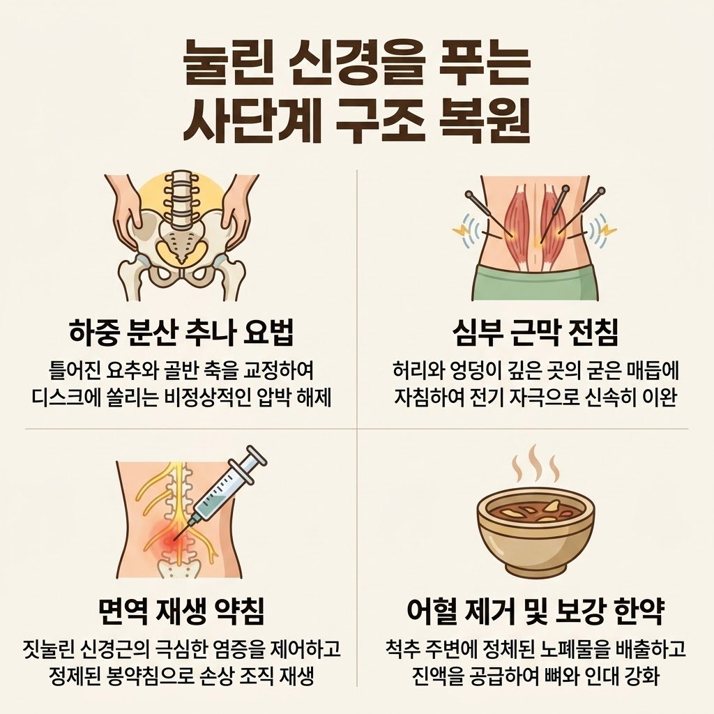 허리디스크 방사통 비수술 치료 한의원 전침 추나 봉약침 어혈 한약 4단계 솔루션