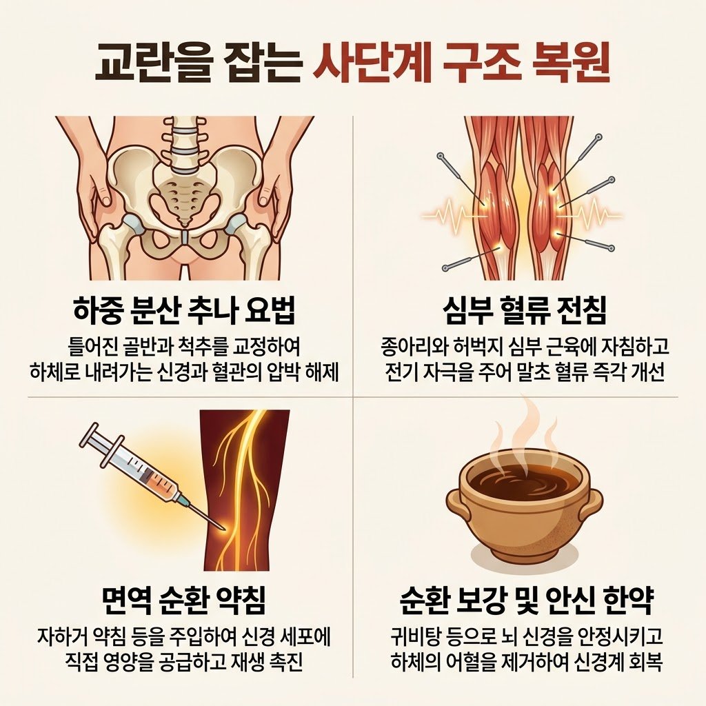 하지불안증후군 비수술 치료 한의원 전침 추나 자하거 약침 어혈 한약 귀비탕 온담탕 4단계 솔루션