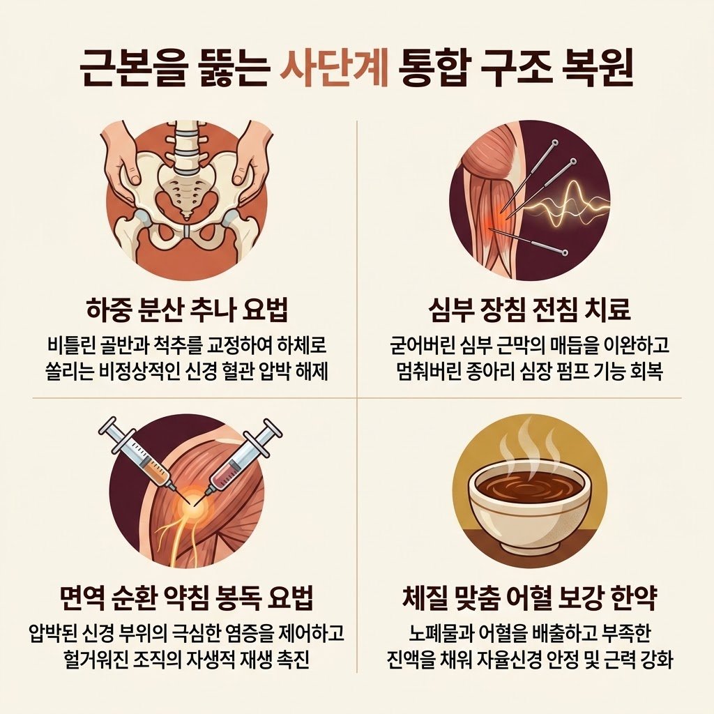 다리 저림 치료 한의원 추나요법 장침 전침 봉약침 어혈 제거 한약 구조 복원 솔루션