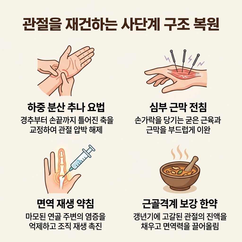 손가락 관절염 비수술 치료 한의원 추나 전침 봉약침 한약 면역 리모델링 4단계 솔루션
