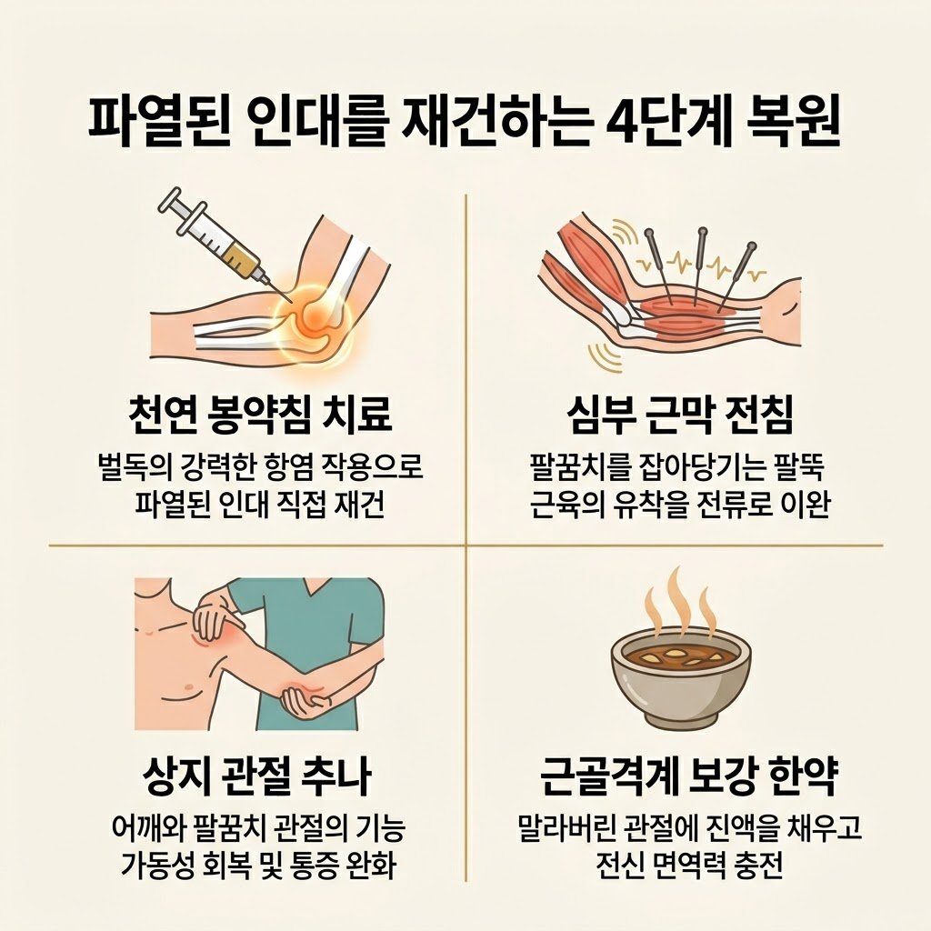 테니스 엘보 치료 한의원 봉약침 전침 추나 한약 4단계 솔루션