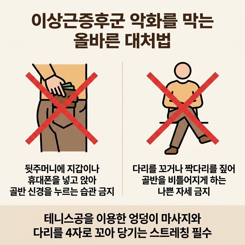 이상근증후군 악화 예방 생활습관 지갑 다리꼬기 금지 골반 고정 무릎 당기기 스트레칭