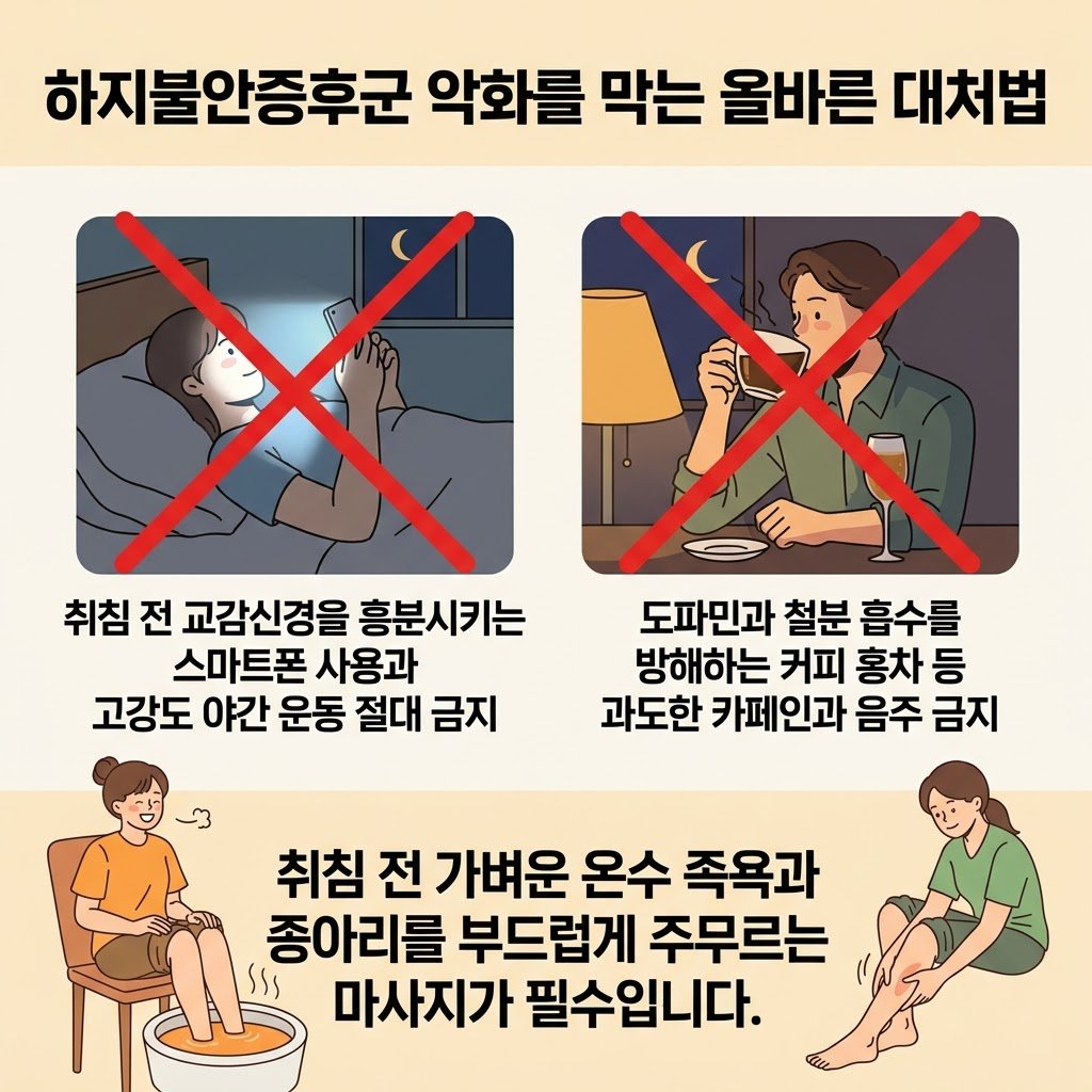 하지불안증후군 악화 예방 생활습관 카페인 음주 금지 야간 스마트폰 사용 금지 족욕 마사지