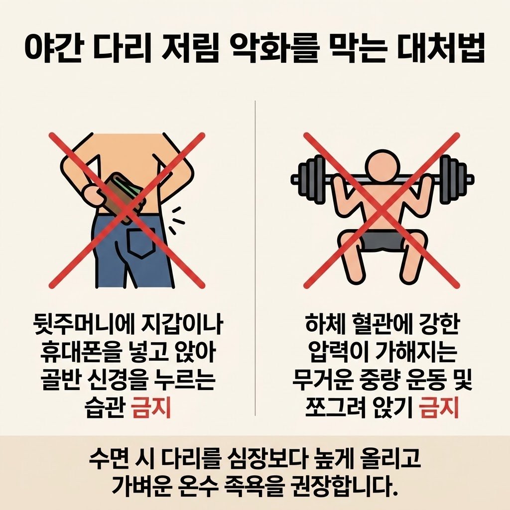 야간 다리 저림 완화 생활습관 L자 다리 자세 족욕 스트레칭 다리 꼬기 금지
