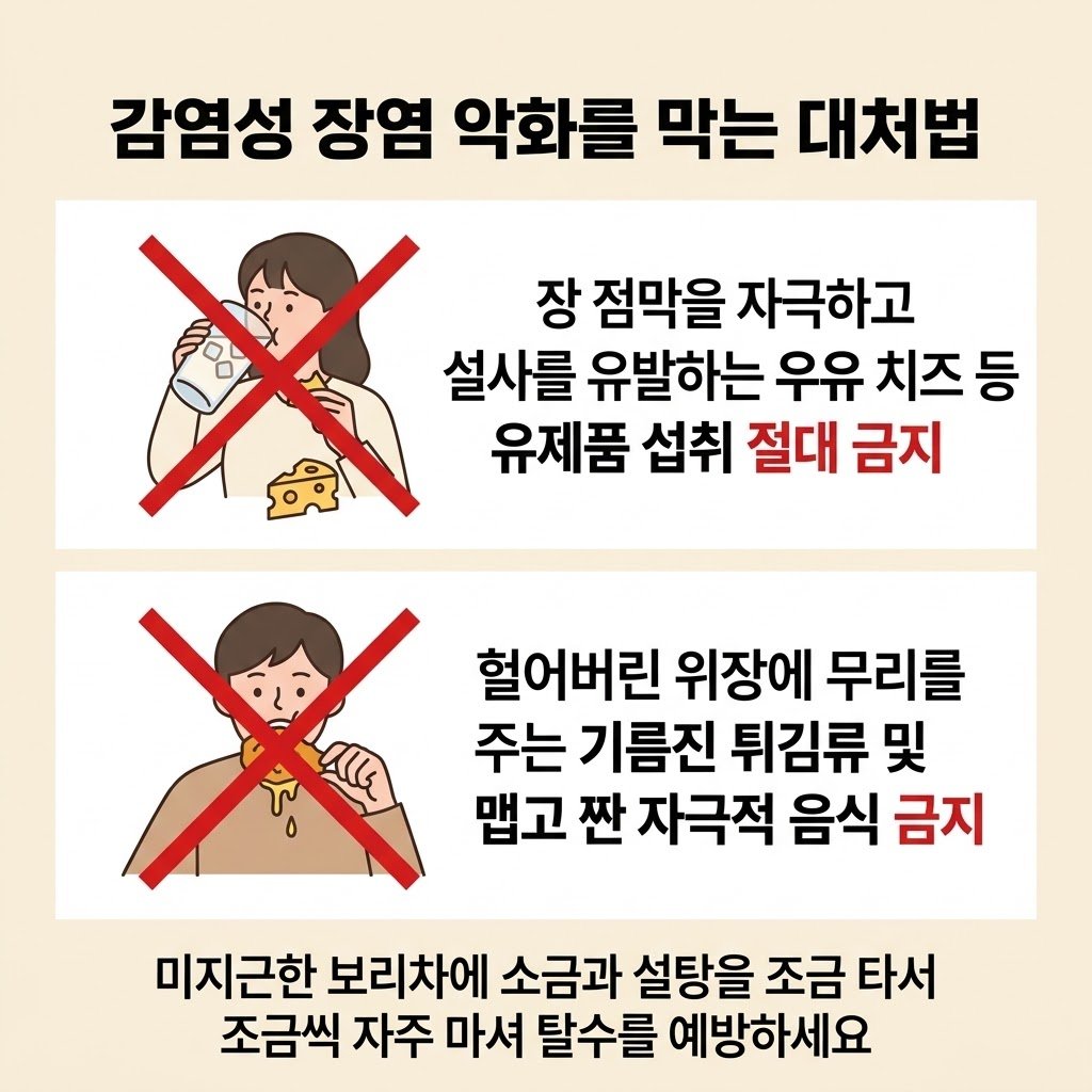 감염성 장염 예방 생활습관 우유 치즈 유제품 금지 기름진 튀김류 금지 탈수 예방 미온수