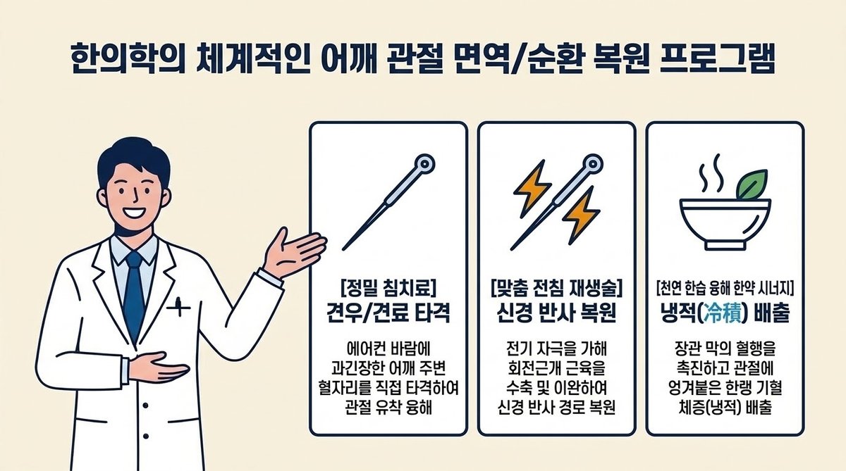 어깨 관절 유착 해소와 기혈 순환 복원을 위한 한의학적 정밀 침 요법 인포그래픽