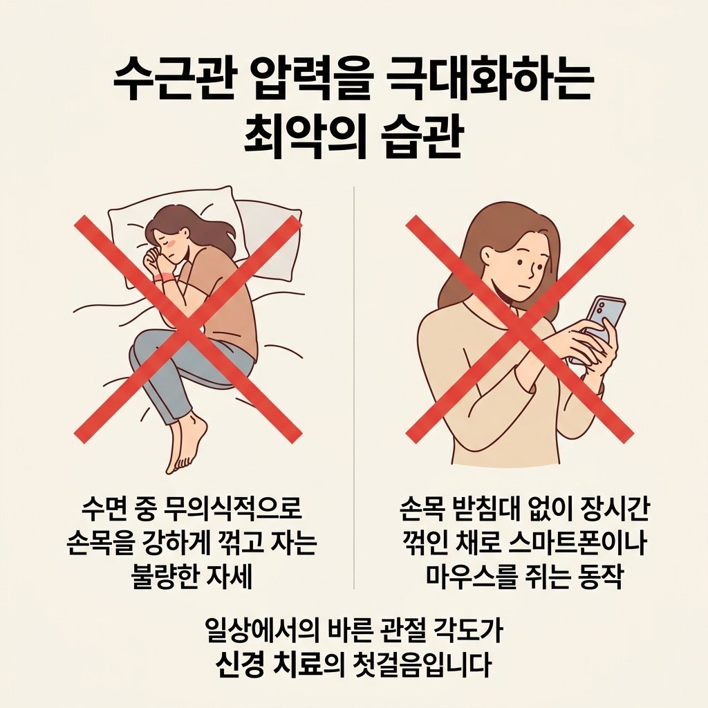 손목터널증후군 예방 생활습관 손목 꺾고 자기 금지 스마트폰 자세 교정