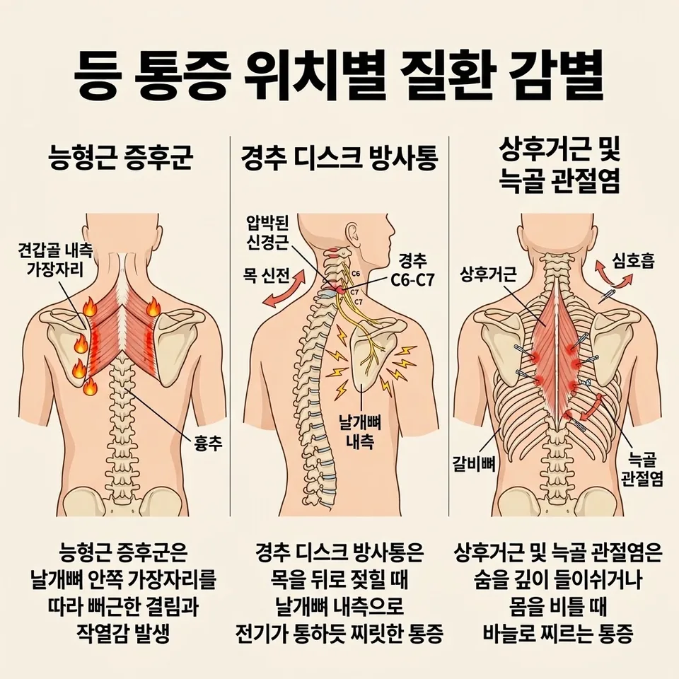 등 통증 감별 인포그래픽