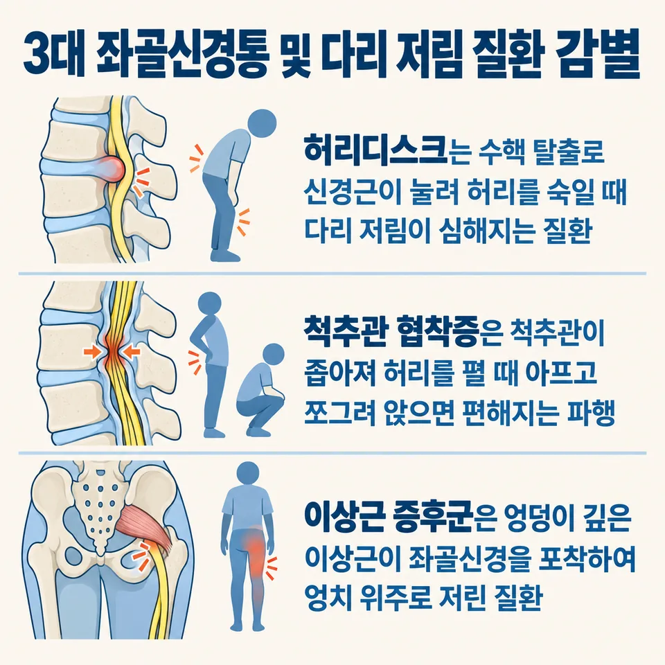 3대 좌골신경통 및 다리 저림 질환 감별 인포그래픽