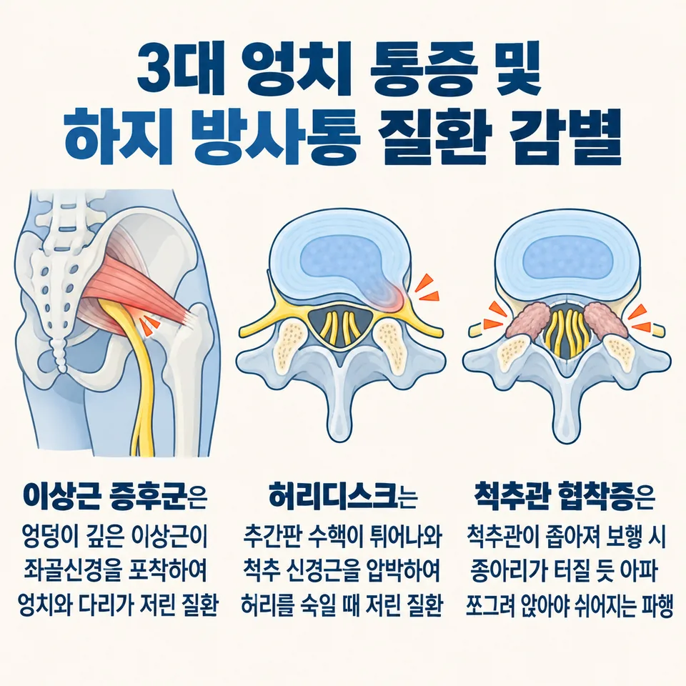3대 엉치 통증 및 하지 방사통 질환 감별 인포그래픽