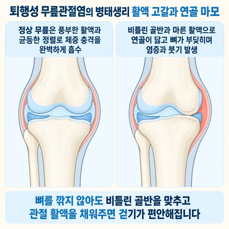 퇴행성 무릎관절염 병태생리 활액 고갈과 연골 마모