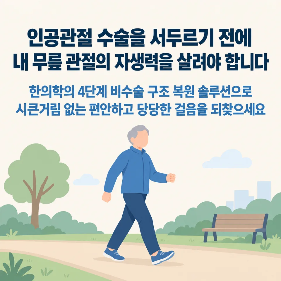 수술 없이 시큰거림 없는 편안한 걸음으로 활기차게 걷는 모습