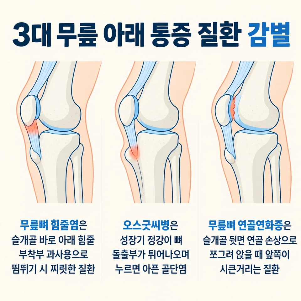 3대 무릎 아래 통증 질환 감별 인포그래픽