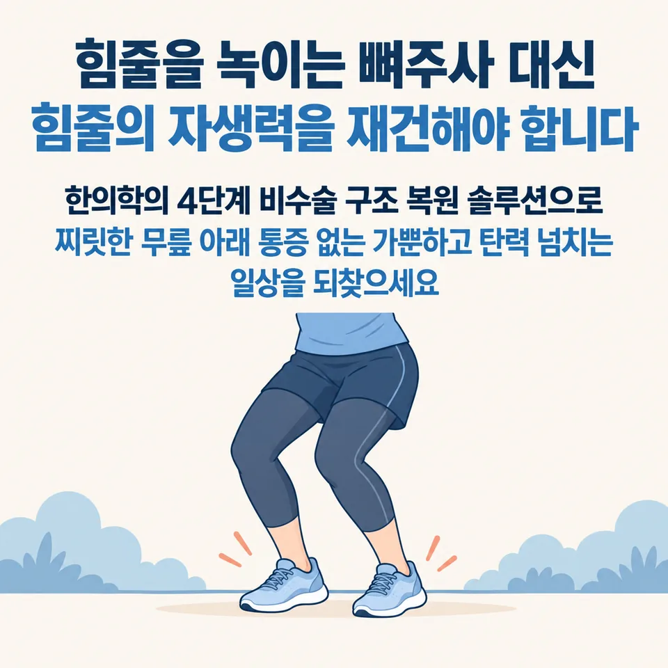 수술 없이 무릎 아래 찌릿함 없는 편안한 걸음으로 활기차게 점프하고 걷는 모습