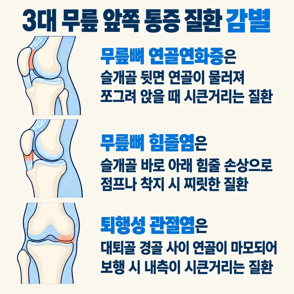 3대 무릎 앞쪽 통증 질환 감별 인포그래픽