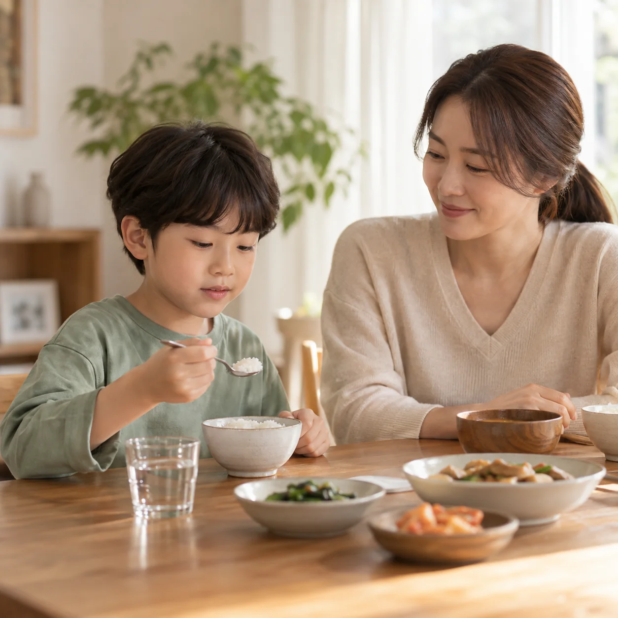 소아 식욕·체력 진료 안내 보호자와 식탁에서 편안히 식사하는 아이, AI 연출 이미지