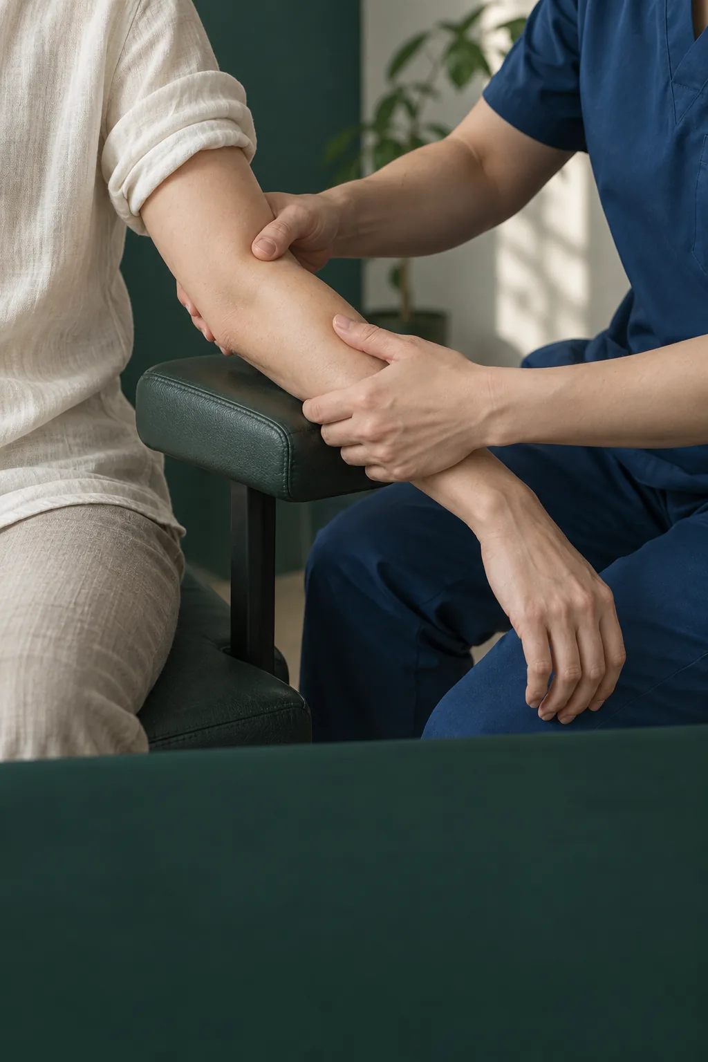 팔꿈치 주변을 섬세하게 살피는 손길을 표현한 AI 연출 이미지