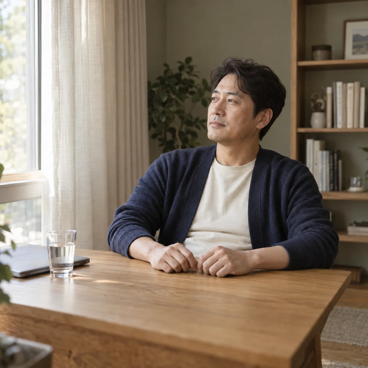 책상 앞에서 창밖을 보며 잠시 쉬는 성인 남성 — AI 연출 이미지