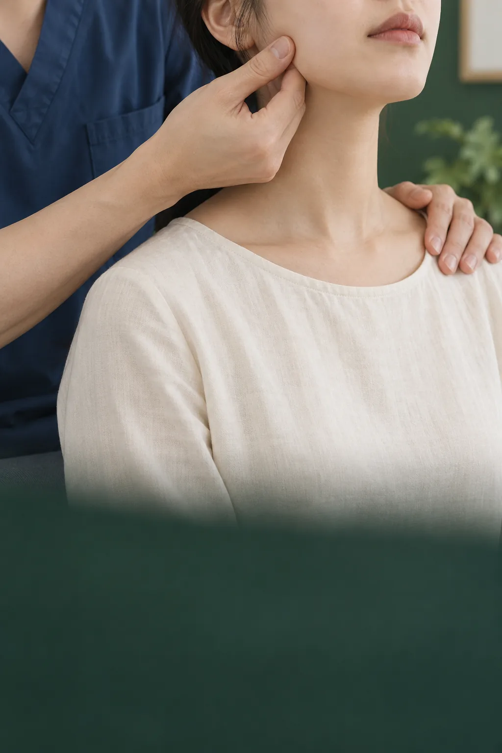 턱관절 주변을 손으로 섬세하게 살피는 모습을 표현한 AI 연출 이미지