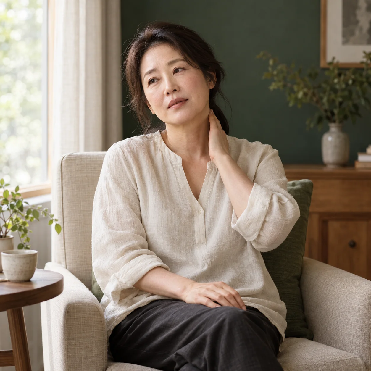 갱년기 생활을 돌아보며 창가에서 쉬는 성인 여성 · AI 연출 이미지