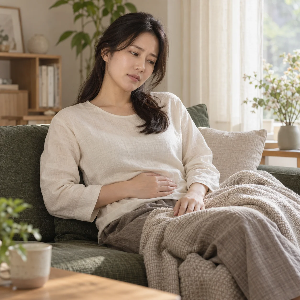 아랫배에 손을 얹고 소파에서 쉬는 성인 여성, AI 연출 이미지