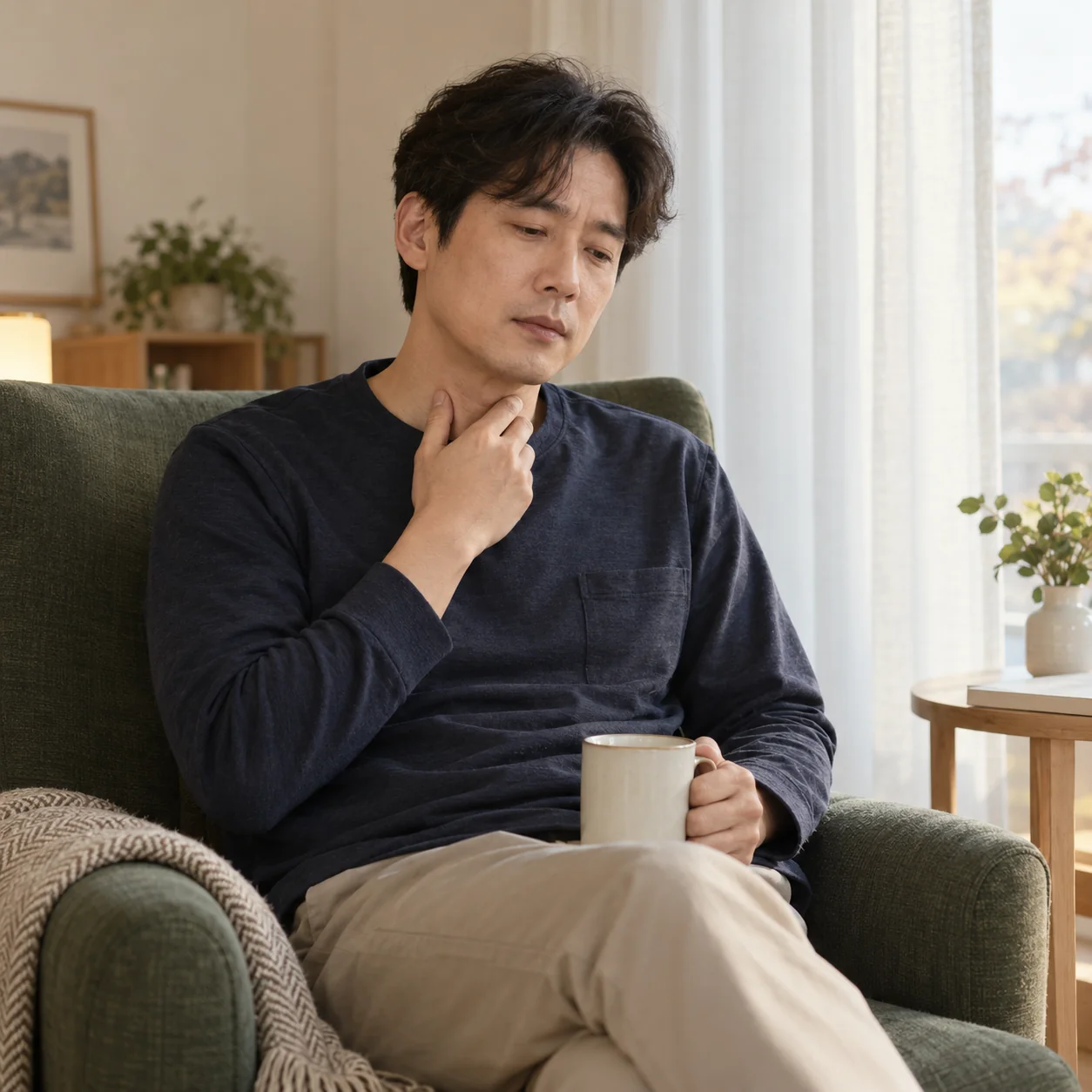 목에 손을 가볍게 대고 쉬는 성인 남성 — AI 연출 이미지