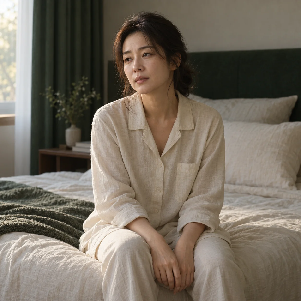 수면·불면 진료 안내 잠자리에서 편안한 밤을 준비하는 성인 여성 · AI 연출 이미지