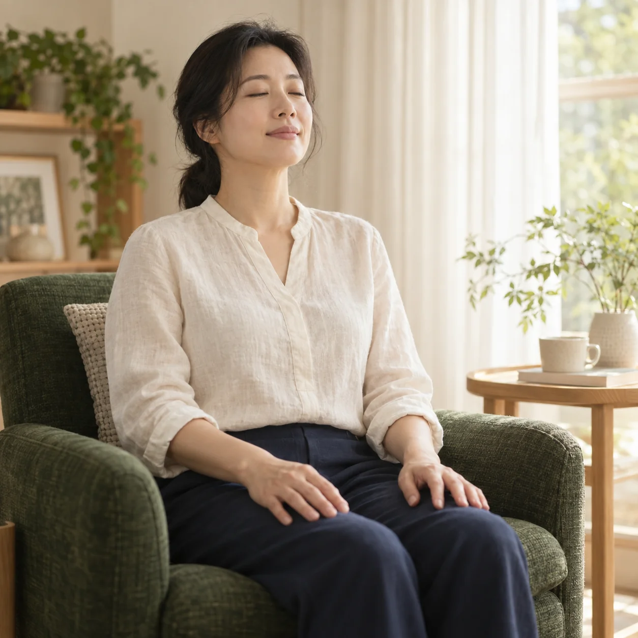 창가 의자에서 편안히 호흡하며 쉬는 성인 여성 · AI 연출 이미지