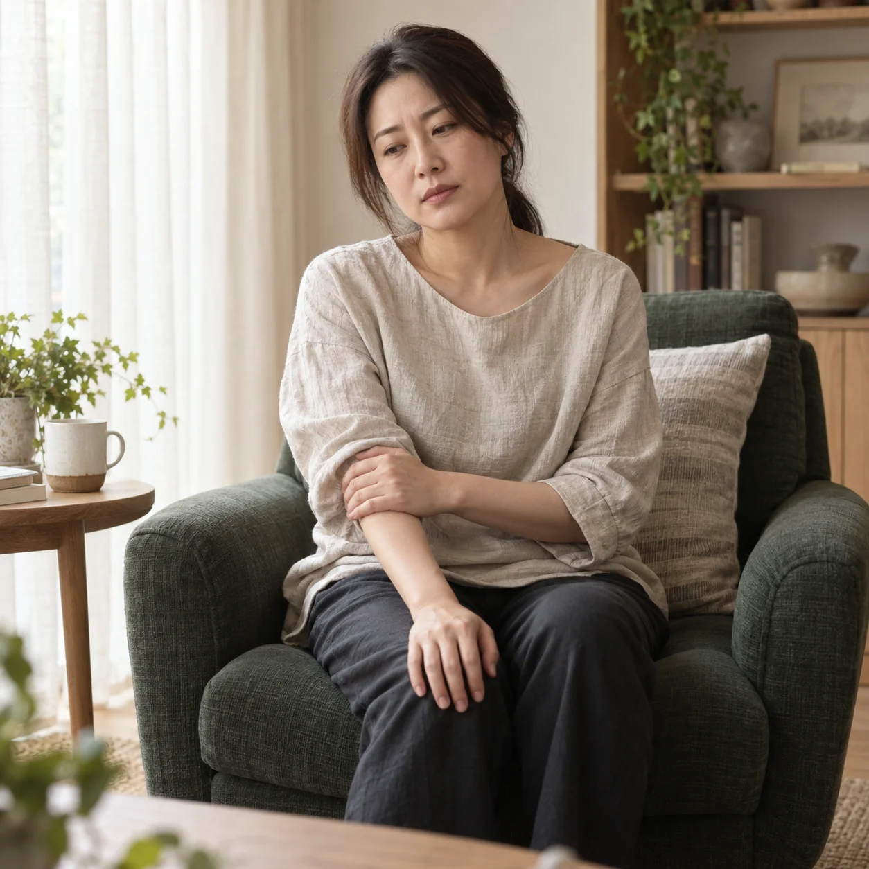 의자에 앉아 팔의 불편을 살피는 성인 여성 — AI 연출 이미지