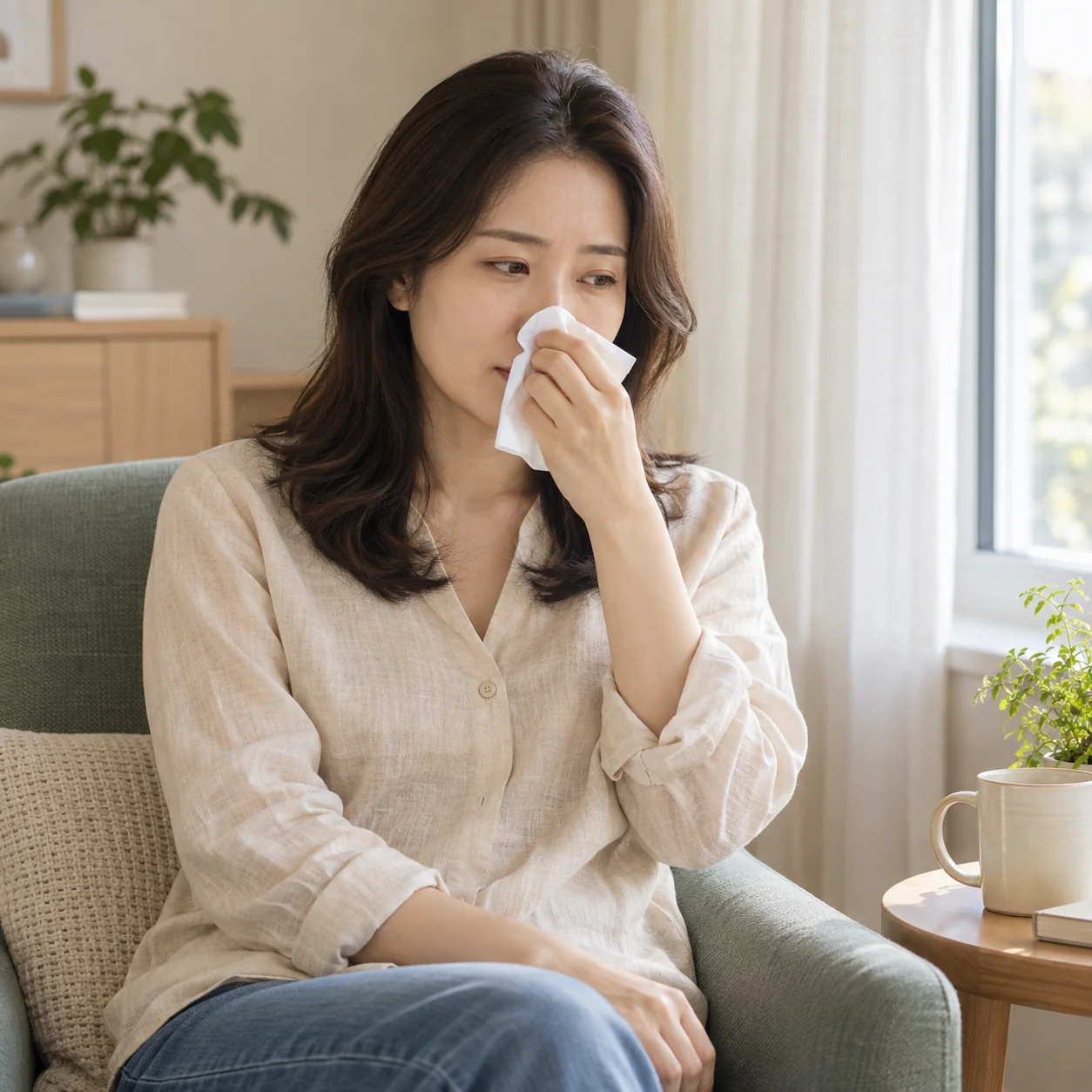 창가에서 티슈로 코를 가볍게 닦는 성인 여성 — AI 연출 이미지