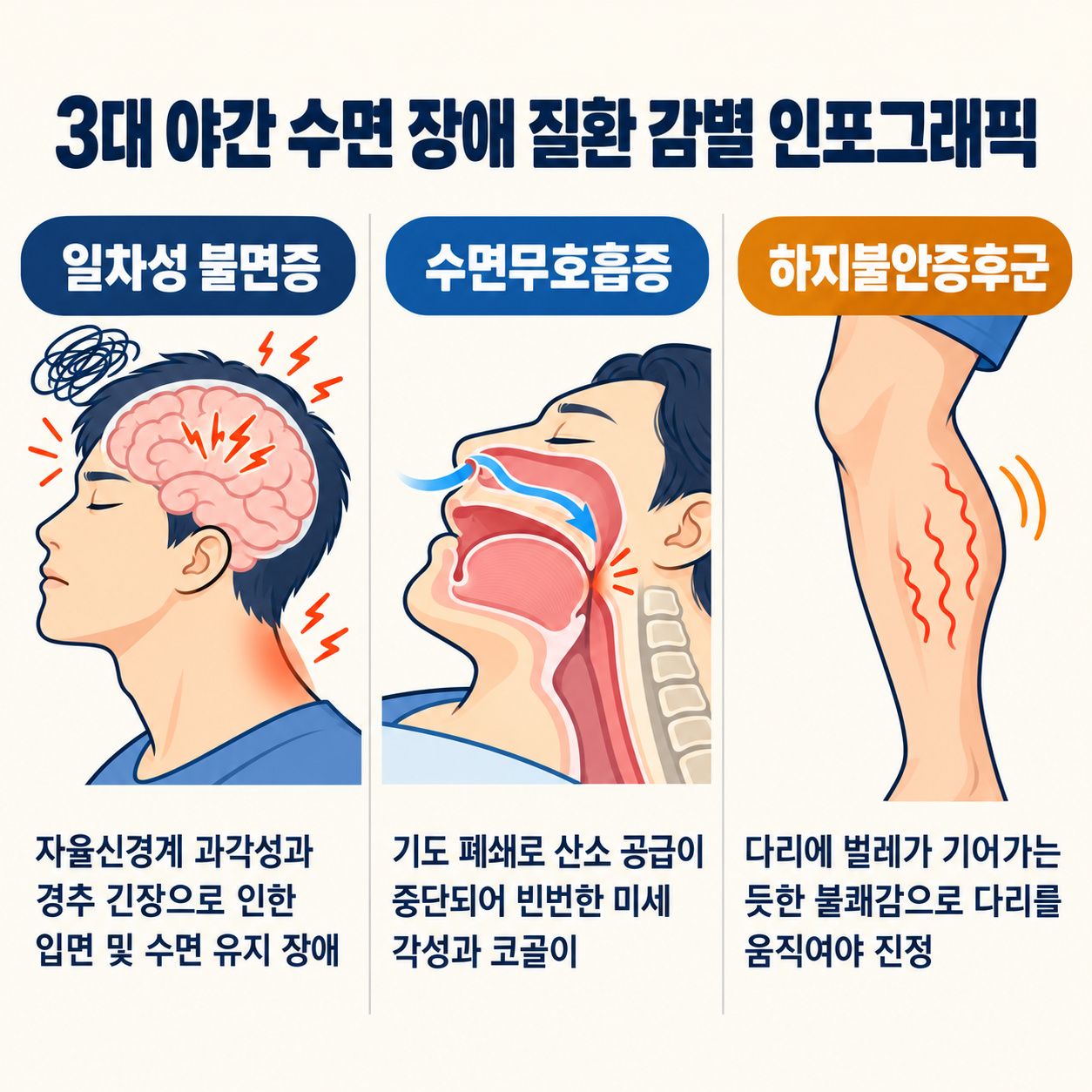 3대 야간 수면 장애 질환 감별 인포그래픽
