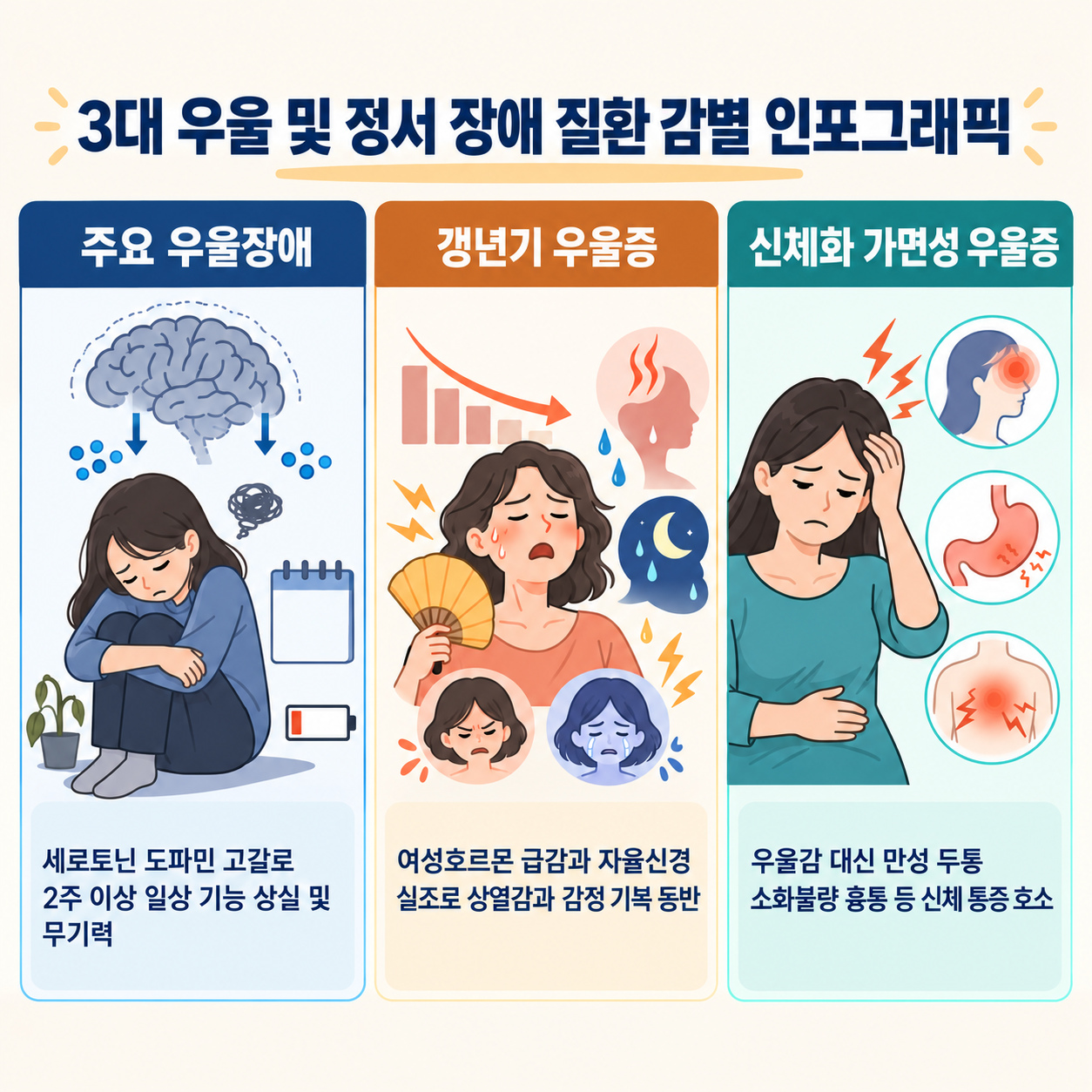 3대 우울 및 정서 장애 질환 감별 인포그래픽