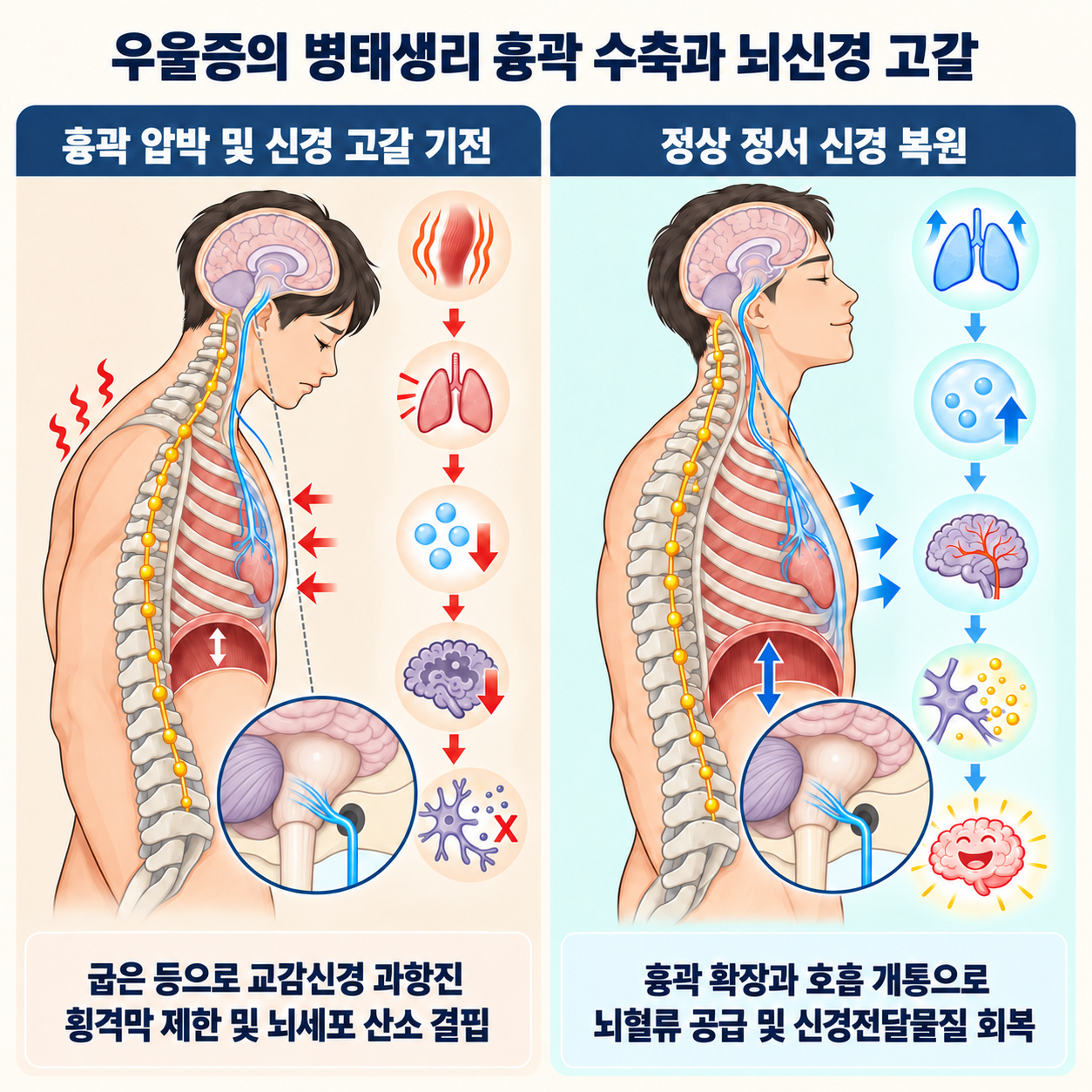 우울증의 병태생리 흉곽 수축과 뇌신경 고갈 인포그래픽